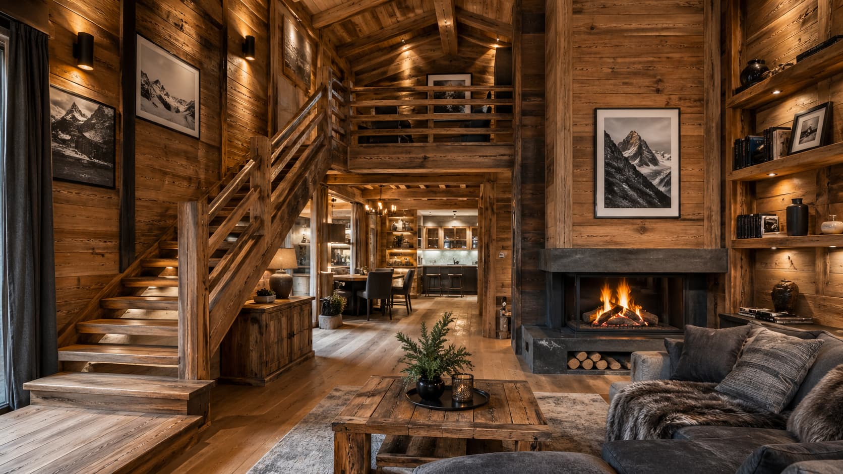 A warm, timber-lined Alpine chalet living room with a lit fireplace