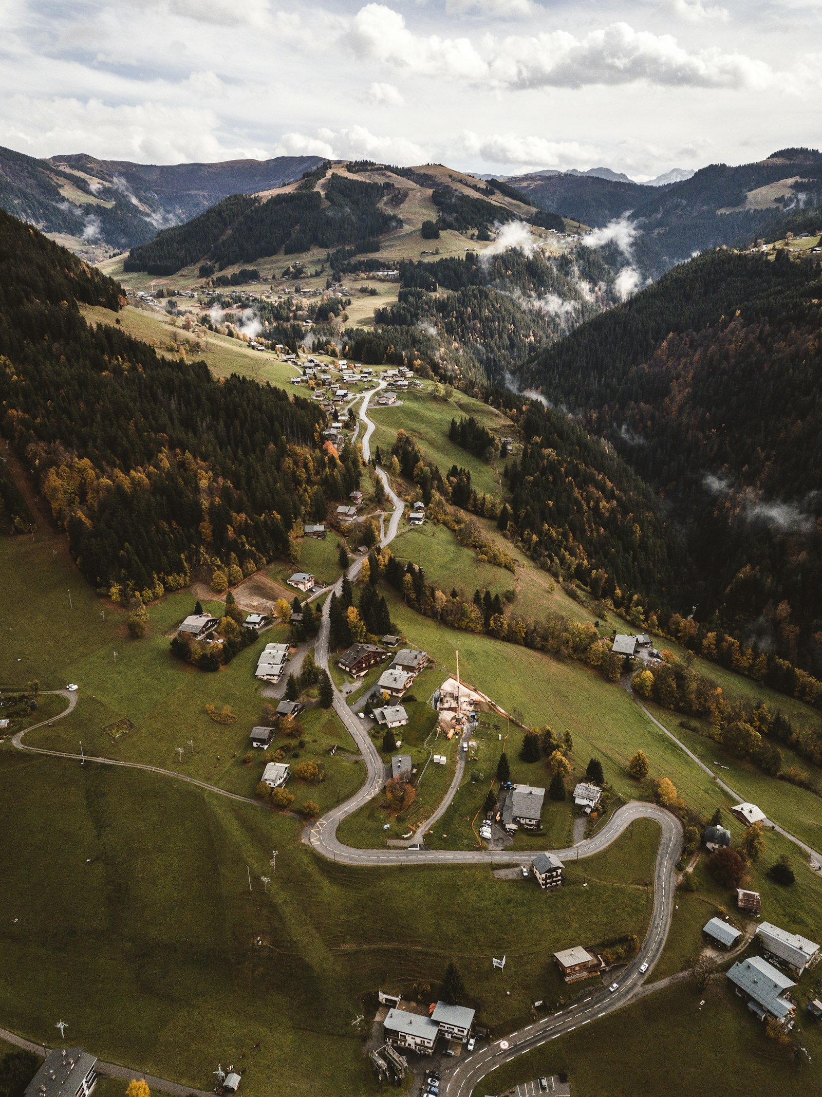 A dense Alpine village landscape of buildings and trees