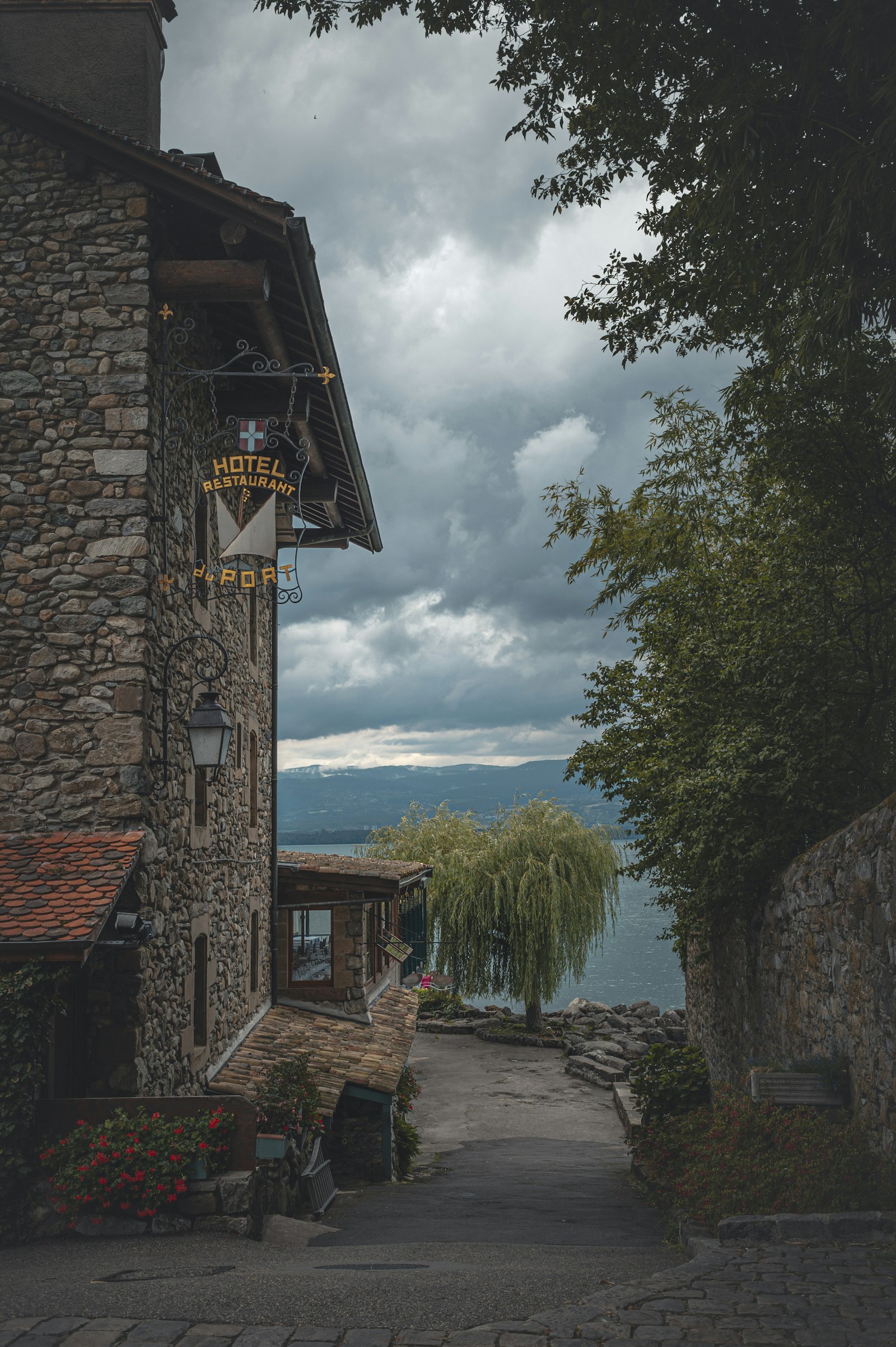 An Alpine village building among green trees
